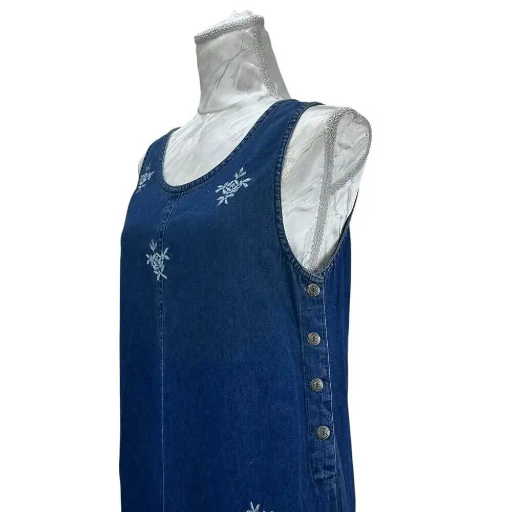 Vintage Embroidered Denim Dress Floral Sleeveless Button Side Blue Womens Small - Picture 5 of 11